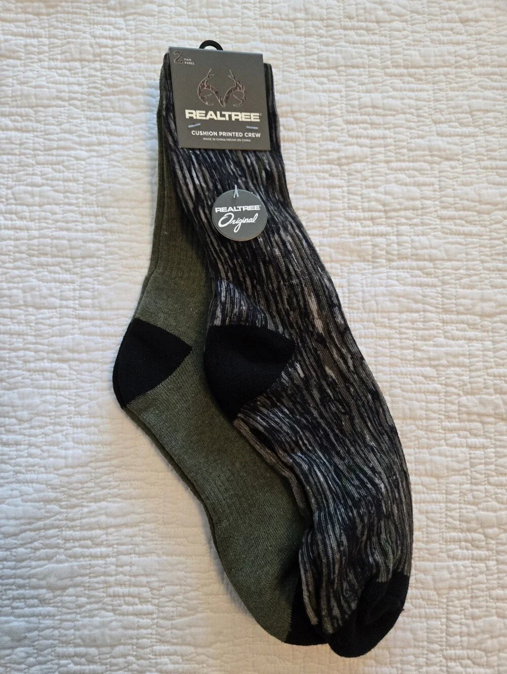 Realtree Original Men's Patterned Crew Socks in Black, Gray and Olive